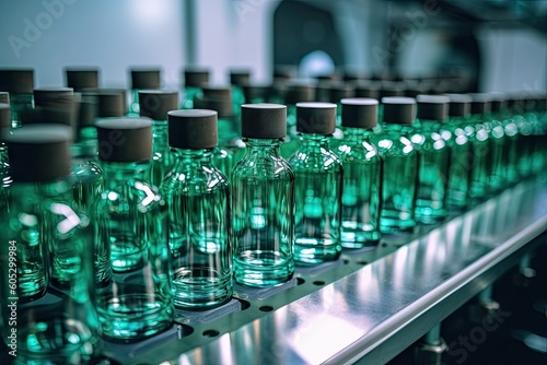 Glass bottles in production a line for filling medicines generative ai