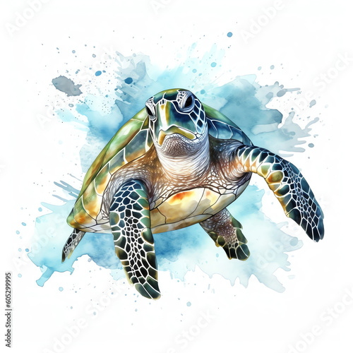 AI Generated. Serene Watercolor Clipart of a Sea Turtle on White Background. Vibrant Artistic Illustration of a Graceful Aquatic Creature.