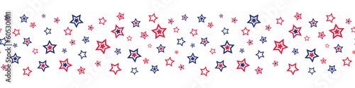 Patriotic seamless border with red and blue stars for 4th of July holiday. Vector illustration. Isolated on white background.