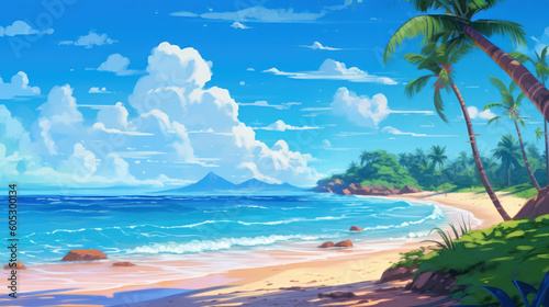 Tropical Summer beach. Palms and plants around. Cartoon illustration. Summer vacation on sea coast. generative AI. © junghc1