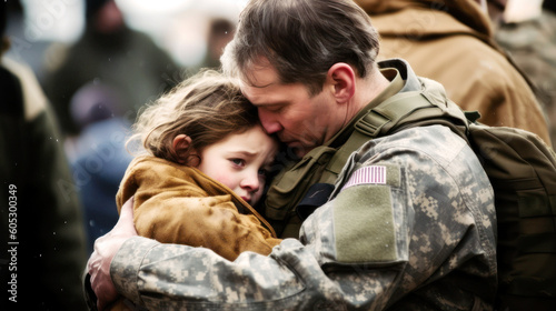 A touching moment of a small child, crying as he clings to his soldier father before he leaves for duty. Their shared sorrow etched into the air, a tender farewell when duty's call. Generative AI