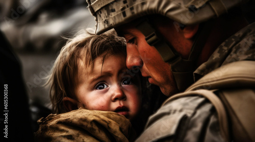 A touching moment of a small child, crying as he clings to his soldier father before he leaves for duty. Their shared sorrow etched into the air, a tender farewell when duty's call. Generative AI