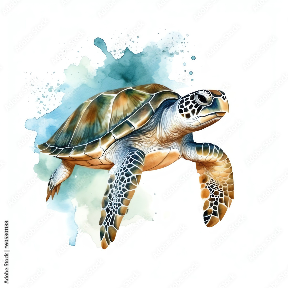 Fototapeta premium AI Generated. Serene Watercolor Clipart of a Sea Turtle on White Background. Vibrant Artistic Illustration of a Graceful Aquatic Creature.