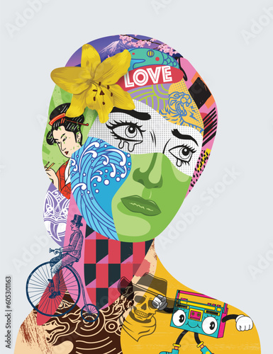 Self portrait digital collage mixed with textures and elements. Young woman crying with tear drop, Vector Illustration