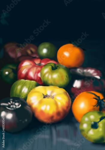 Digital illustration of ripe and juicy red, orange and black tomatoes on a dark wooden tabletop
