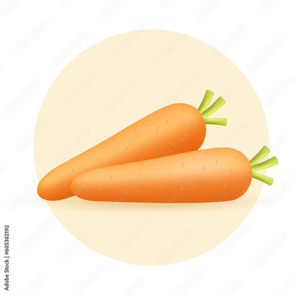 Two carrots as healthy snack or ingredient 3D illustration. Cartoon drawing of orange vegetable inside yellow circle in 3D style on white background. Healthy eating, food, diet, nutrition concept Two carrots as healthy snack or ingredient 3D illustration. Cartoon drawing of orange vegetable inside yellow circle in 3D style on white background. Healthy eating, food, diet, nutrition concept