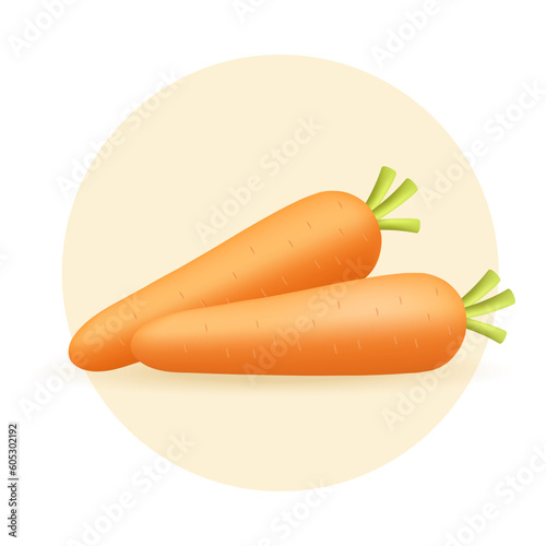 Two carrots as healthy snack or ingredient 3D illustration. Cartoon drawing of orange vegetable inside yellow circle in 3D style on white background. Healthy eating, food, diet, nutrition concept