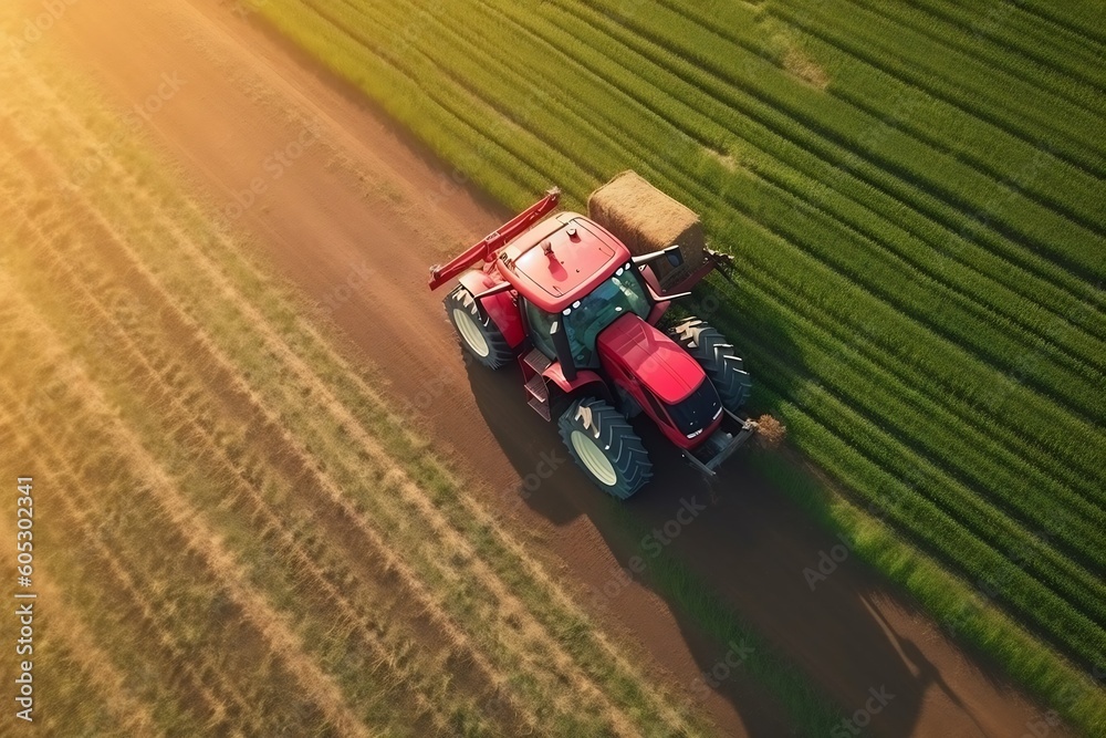 AI Generated. Aerial Top View of Red Tractor Mowing Green Field. Real Photo Capturing Vibrant Agriculture in Action. AI Generated. Aerial Top View of Red Tractor Mowing Green Field. Real Photo Capturing Vibrant Agriculture in Action.