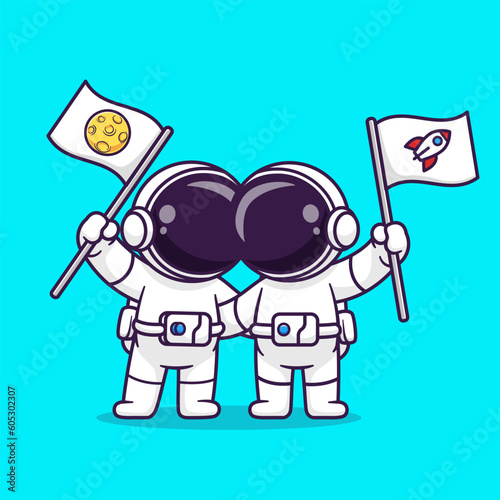 Cute Astronaut Friend Holding Flag Moon And Rocket Cartoon Vector Icon Illustration. Science Technology Icon Concept Isolated Premium Vector. Flat Cartoon Style