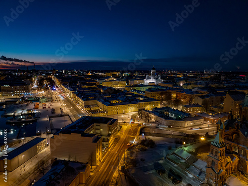 Helsinki cathedral and skyline, winter night in Finland