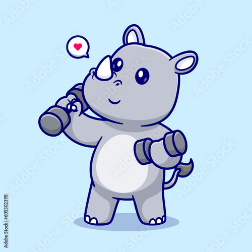 Cute Rhino Lifting Dumbbell Cartoon Vector Icon Illustration. Animal Sport Icon Concept Isolated Premium Vector. Flat Cartoon Style