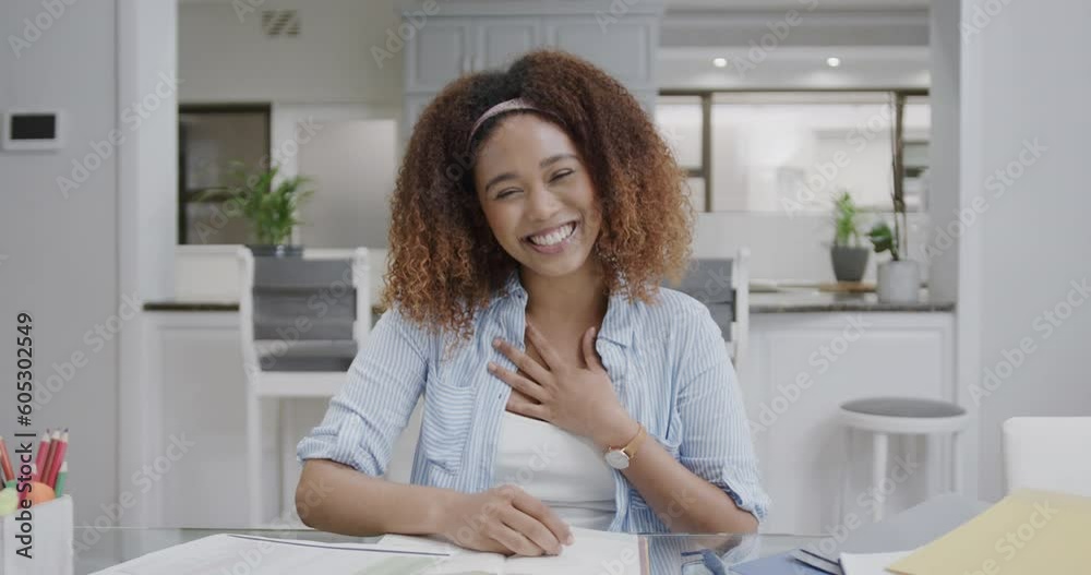 Happy biracial woman working at home talking and gesturing during video call, slow motion Happy biracial woman working at home talking and gesturing during video call, slow motion