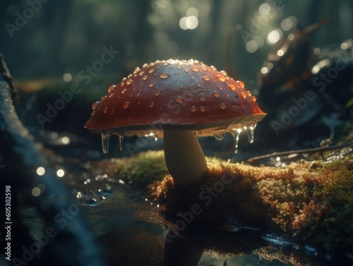 Mushroom in the forest. Beautiful red fly agaric in the moss. Created with Generative AI technology