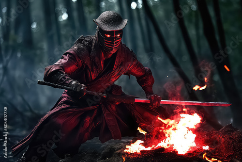 samurai with fire blade in japan, AI
