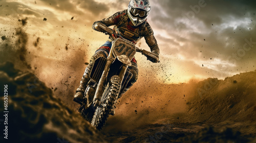 Motocross rider on a mud race track. Generative AI