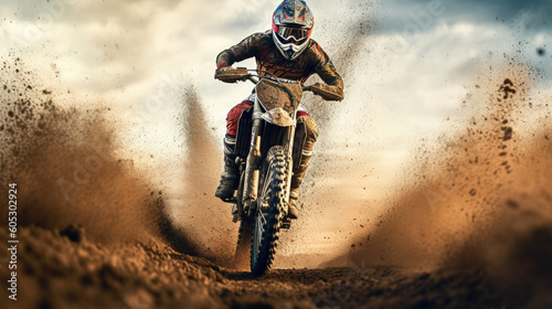 Motocross rider on a mud race track. Generative AI