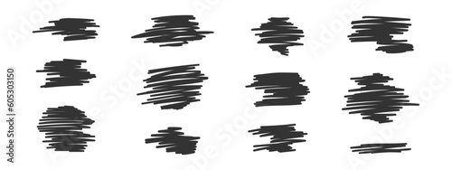 Set of marker, pencil, pen or ink scribbles. Abstract crosshatch textures isolated on white background. Black hand drawn smears or scratches. Vector graphic illustration