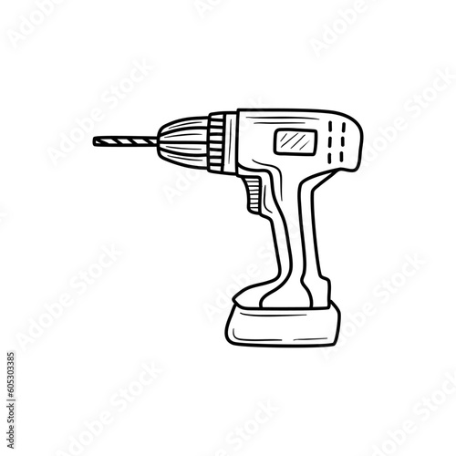 line art vector or doodle of screwdriver or Cordless drill on hand, isolated on white background