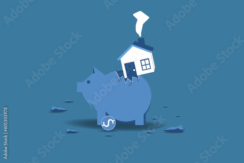 House expense and cost,high interest rate mortgage concept, heavy house broke savings piggybank metaphor of too much payment and cost.