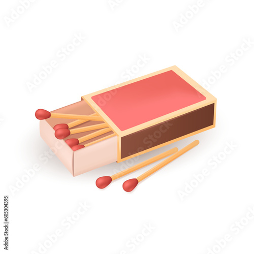 Matches in red box for bonfire 3D illustration. Cartoon drawing of matchbox for making fire during picnic, camping or hiking trip in 3D style on white background. Camping, recreation concept