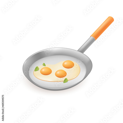 Camping pan with scrambled eggs 3D illustration. Cartoon drawing of fried eggs or tasty meal made during picnic or camping trip in 3D style on white background. Camping, food, recreation concept