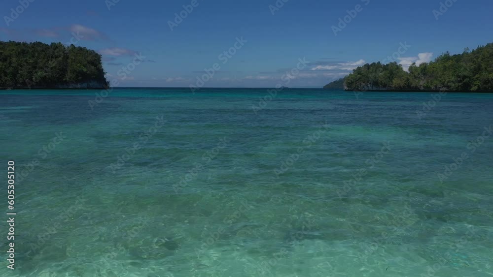 Woman, freedom and ocean vacation for holiday travel in water outdoors. Drone of happy female person celebrate, life and arms in happiness on tropical island, paradise or swimming in sea at summer Woman, freedom and ocean vacation for holiday travel in water outdoors. Drone of happy female person celebrate, life and arms in happiness on tropical island, paradise or swimming in sea at summer