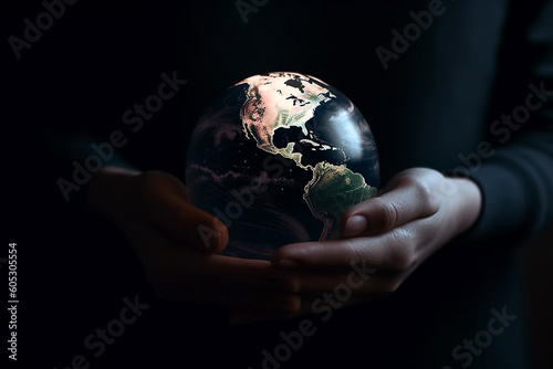 Human hand holding glowing Earth in the dark.Earth Day concept. Generative ai