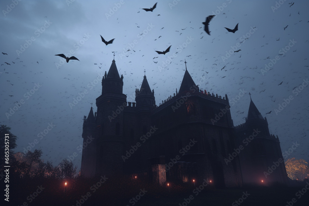 Bats flying to draculas castle. Halloween night. Generative ai.