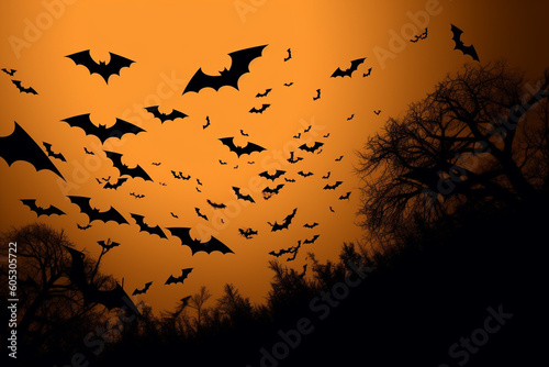Bats flying in the sky lit by the full moon on Halloween night. Generative ai. photo