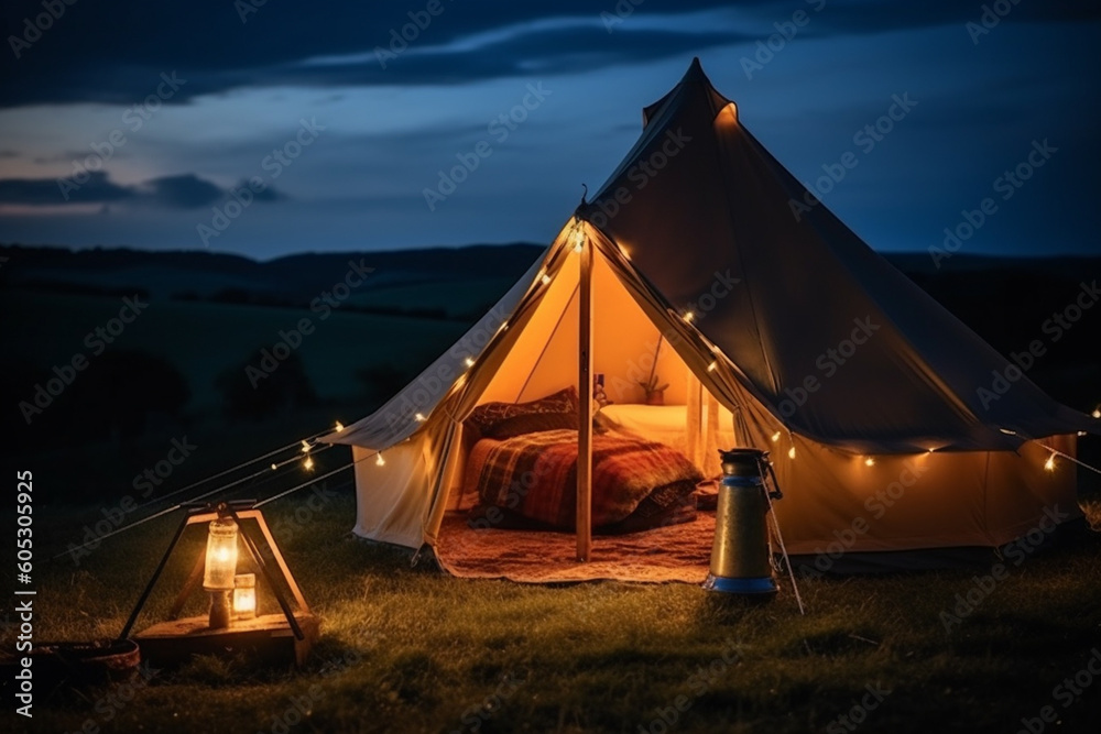 The concept of glamping and renting a chalet for weekend. Generative ai.