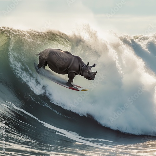 Image of a rino surfing a huge wave on a surfboard in the ocean. photo