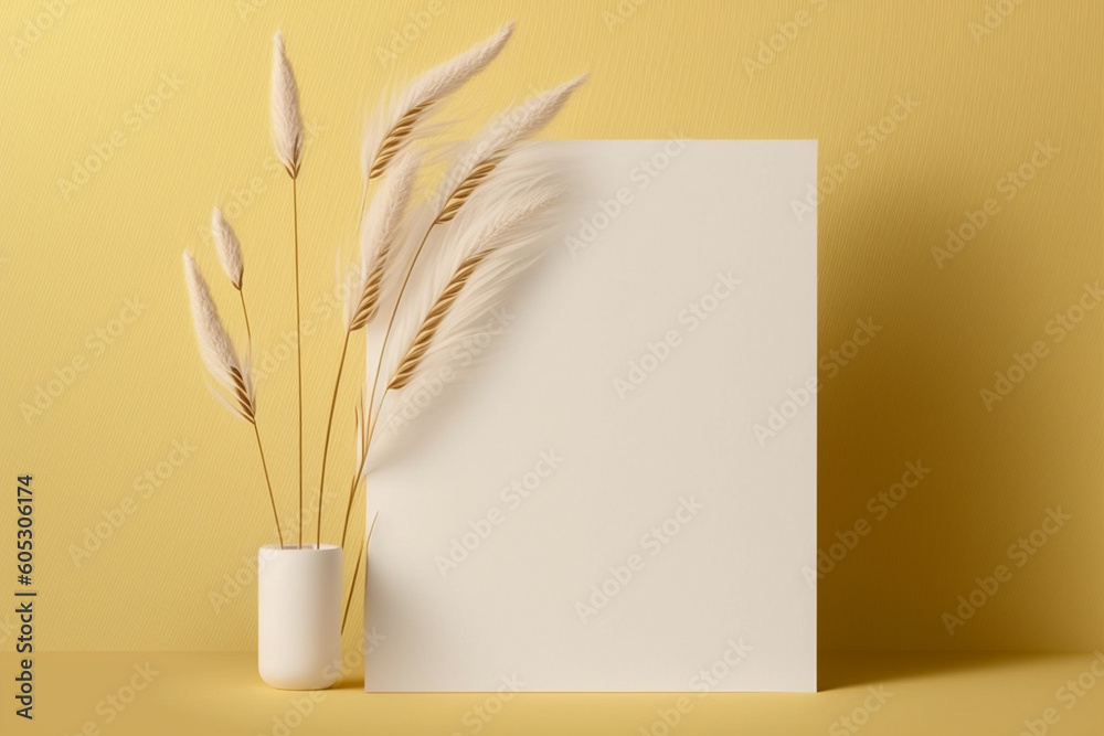 Picture frame mockup with vase and dry plants on yellow wall.