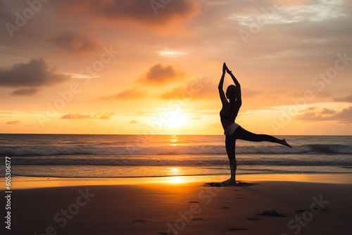 Woman doing yoga exercices on exotic beach, during summer vacation. Generative ai.
