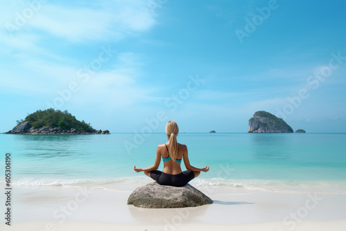 Woman doing yoga exercices on exotic beach  during summer vacation. Generative ai.