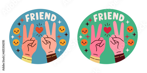 Set of stickers about friends and friendship. Collection of hand drawn lettering