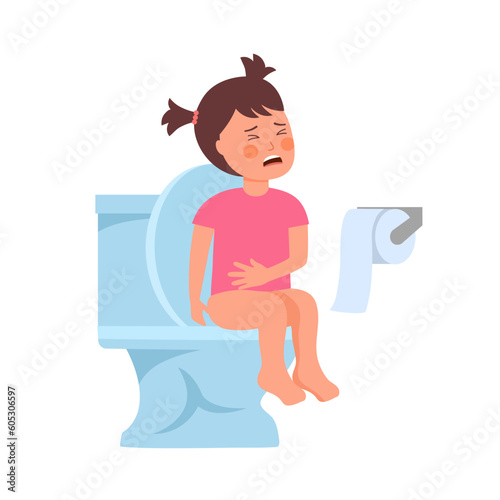 Kid girl sitting on toilet bowl in flat design on white background. Constipation.