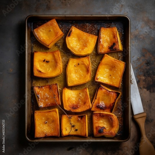 Top View of Roasted Pumpkin on Tray. Generative AI