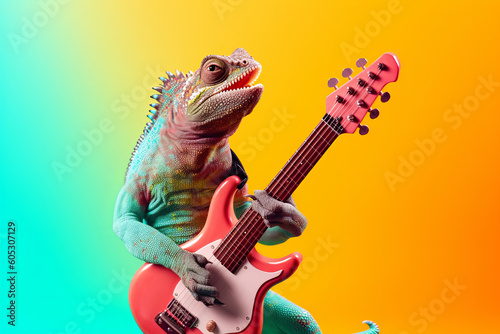 A chameleon lizard musician playing guitar in a band. Generative ai photo