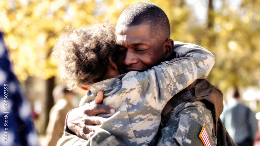 Happies moment for a small child when the father returns from duty as a soldier , happy reunited in a hug, a joyful dance of love and relief, filling the air with uncontained happiness. Generative AI Happies moment for a small child when the father returns from duty as a soldier , happy reunited in a hug, a joyful dance of love and relief, filling the air with uncontained happiness. Generative AI