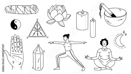 Spiritual self care illustration set. Yoga Meditation doodle style
