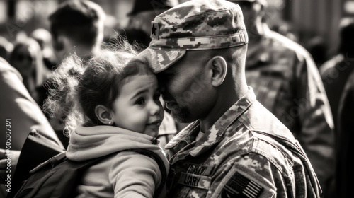Happies moment for a small child when the father returns from duty as a soldier   happy reunited in a hug  a joyful dance of love and relief  filling the air with uncontained happiness. Generative AI