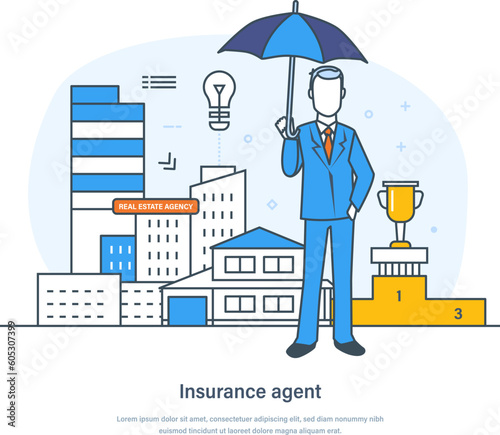 Insurance agent, safety or assurance service, insurance guarantees. Protection of property, life, car and savings from damage, medical service, healthcare thin line design of vector doodles