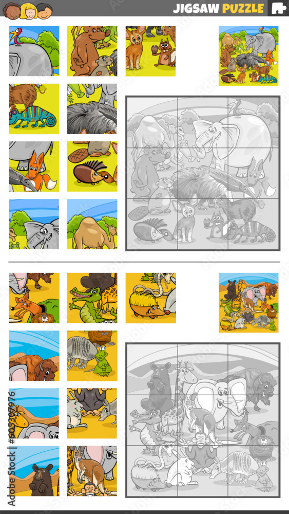 jigsaw puzzle activities set with cartoon wild animal characters