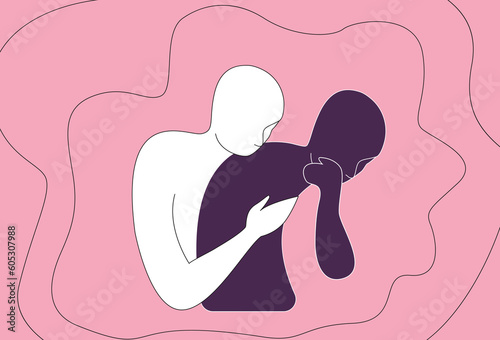 Empathy, comforting and compassion, illustration. White human figure hugging purple one on pink background