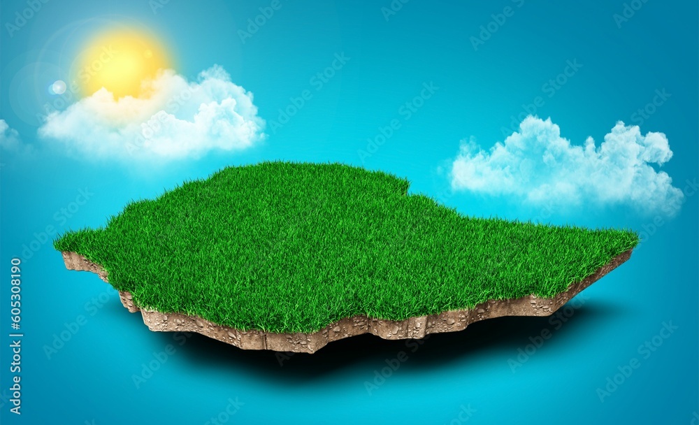 3d render of a picturesque grassy island surrounded by bright blue sky