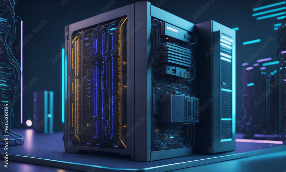 Obraz premium network server, big data illustration, ppt technology modern futuristic presentation background, generative ai