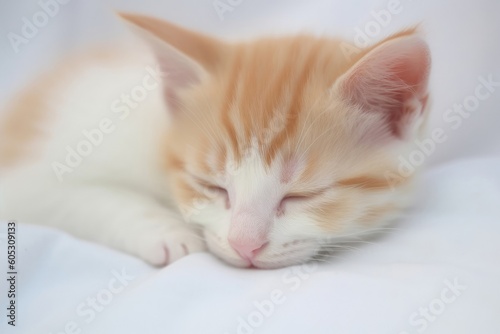 cute ginger kitten sleeping on white bed linen