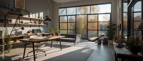 Modern sunny home workplace interior with natural materials © AlexArty