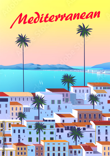 Mediterranean romantic landscape with village in the first plan, sea and mountains in the background. Handmade drawing vector illustration. Can be used for posters, banners, postcards, books  etc.