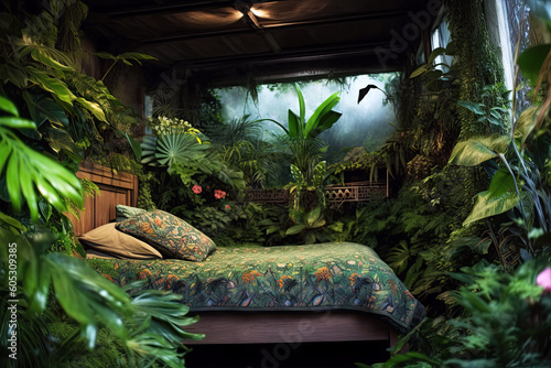 bedroom interior with fantastic plants and jungle inside. Travel dreams. Generative AI